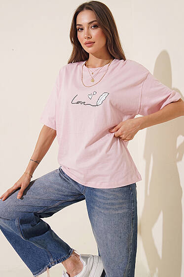 Love Baskılı T-shirt Pudra - Kadın Giyim Modelleri