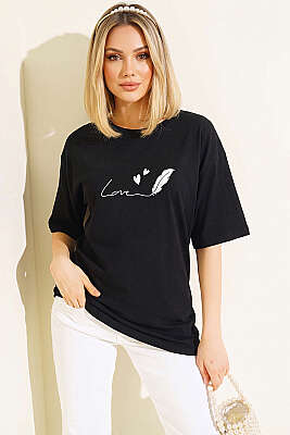 Love Baskılı T-shirt Siyah - DESFİTA