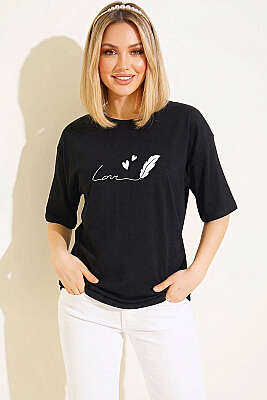 Love Baskılı T-shirt Siyah - Kadın Giyim Modelleri