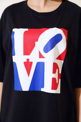 Love Baskılı T-shirt Siyah - Thumbnail