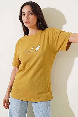 Love Baskılı T-shirt Yağ Yeşili - DESFİTA