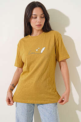 Love Baskılı T-shirt Yağ Yeşili - Kadın Giyim Modelleri