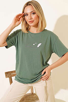 Love Baskılı T-shirt Yeşil - DESFİTA