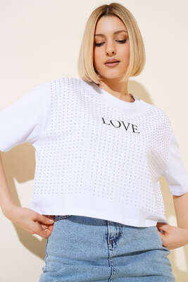 Love Baskılı Taşlı T-shirt Beyaz 
