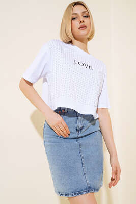 Love Baskılı Taşlı T-shirt Beyaz - Kadın Giyim Modelleri