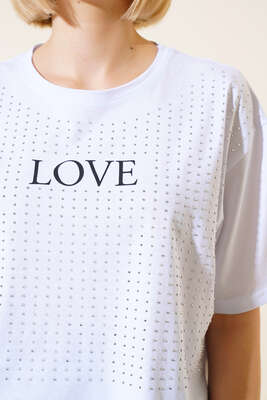 Love Baskılı Taşlı T-shirt Beyaz - Kadın Giyim Modelleri