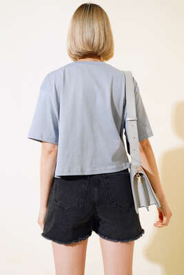 Love Baskılı Taşlı T-shirt Gri - Kadın Giyim Modelleri