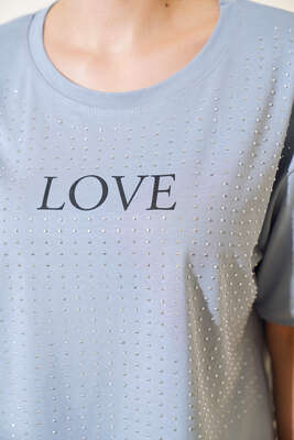 Love Baskılı Taşlı T-shirt Gri - Kadın Giyim Modelleri