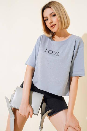 Love Baskılı Taşlı T-shirt Gri - Yeni Giyim