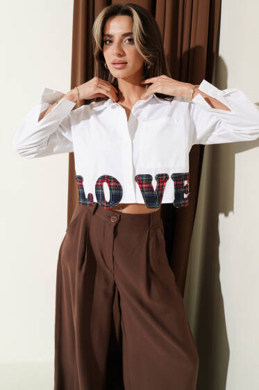 Love Nakışlı Crop Gömlek Beyaz - Kadın Giyim Modelleri