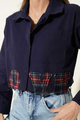 Love Nakışlı Crop Gömlek Lacivert - Gömlek