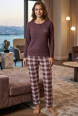 Love Nakışlı Ekose Desen Pijama Takımı Gül Kurusu - Pijama