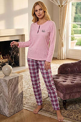 Love Nakışlı Ekose Desen Pijama Takımı Pembe - Pijama