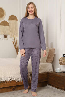 Love Nakışlı Fitilli Uzun Kol Pijama Takımı Lila - GLİSA