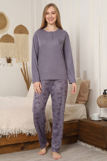 Love Nakışlı Fitilli Uzun Kol Pijama Takımı Lila - Pijama