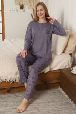 Love Nakışlı Fitilli Uzun Kol Pijama Takımı Lila - Pijama