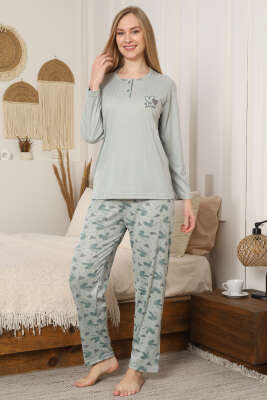 Love Nakışlı Fitilli Uzun Kol Pijama Takımı Mint - GLİSA