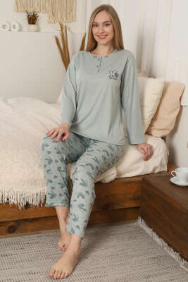 Love Nakışlı Fitilli Uzun Kol Pijama Takımı Mint - Pijama