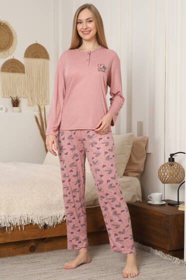 Love Nakışlı Fitilli Uzun Kol Pijama Takımı Pudra - Pijama
