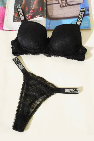 Love Taşlı Destekli Sütyen Takım Siyah Dantelli - Destekli Sütyen Takım