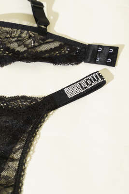 Love Taşlı Destekli Sütyen Takım Siyah Dantelli - Destekli Sütyen Takım