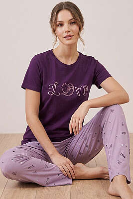 Love Yazı Baskılı Kısa Kol Pijama Takımı Mor - IŞILAY