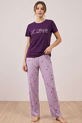 Love Yazı Baskılı Kısa Kol Pijama Takımı Mor - Pijama