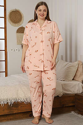 Love Yazılı Düğmeli Büyük Beden Pijama Takımı Yavru Ağzı - IŞILAY