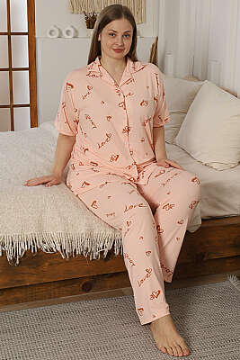 Love Yazılı Düğmeli Büyük Beden Pijama Takımı Yavru Ağzı - Pijama