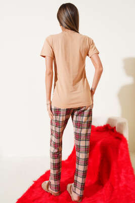 Love Yazılı Kalpli Kısa Kol Pijama Takımı Camel - Kadın Pijama Takımı