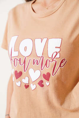 Love Yazılı Kalpli Kısa Kol Pijama Takımı Camel - Kadın Pijama Takımı