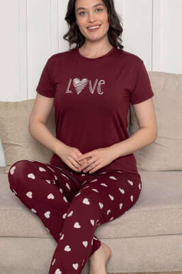 Love Yazılı Kalpli Pijama Takımı Bordo - Pijama
