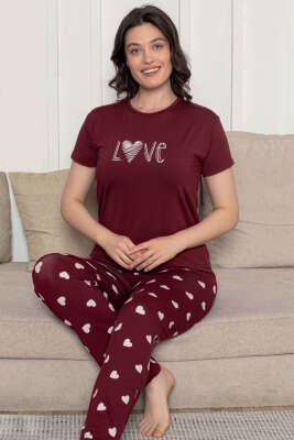 Love Yazılı Kalpli Pijama Takımı Bordo 