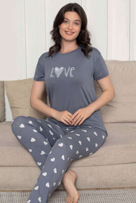 Love Yazılı Kalpli Pijama Takımı Gri 