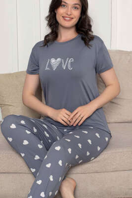 Love Yazılı Kalpli Pijama Takımı Gri - Pijama