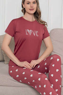 Love Yazılı Kalpli Pijama Takımı Gül Kurusu - Pijama