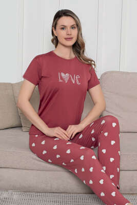 Love Yazılı Kalpli Pijama Takımı Gül Kurusu - Pijama