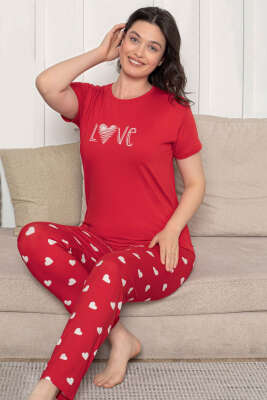 Love Yazılı Kalpli Pijama Takımı Kırmızı 