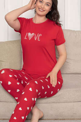 Love Yazılı Kalpli Pijama Takımı Kırmızı - Pijama
