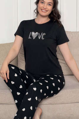 Love Yazılı Kalpli Pijama Takımı Siyah Beyaz - Pijama