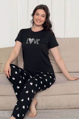 Love Yazılı Kalpli Pijama Takımı Siyah Beyaz 
