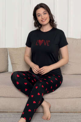 Love Yazılı Kalpli Pijama Takımı Siyah Kırmızı 