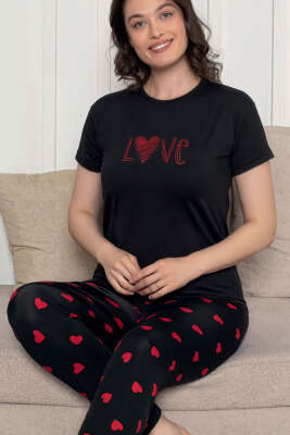 Love Yazılı Kalpli Pijama Takımı Siyah Kırmızı - Pijama