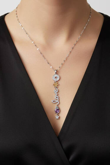 Love Yazılı Taşlı Kolye Gümüş - Kolye