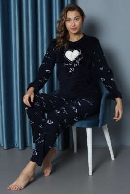 Love Yazılı Welsoft Pijama Takımı Lacivert - Pijama