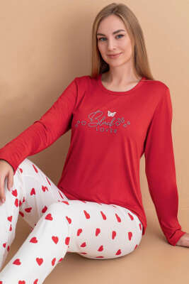 Lover Baskılı Kalpli Pijama Takımı Kırmızı - Pijama