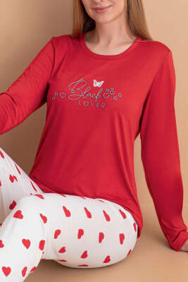Lover Baskılı Kalpli Pijama Takımı Kırmızı - Pijama