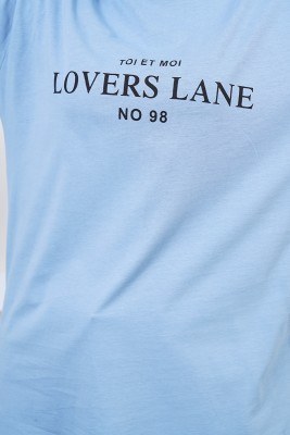 Lovers Lane Yazılı İndigo Tişört - Thumbnail
