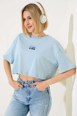 Loving Yazılı T-shirt Mavi - Kadın Giyim Modelleri