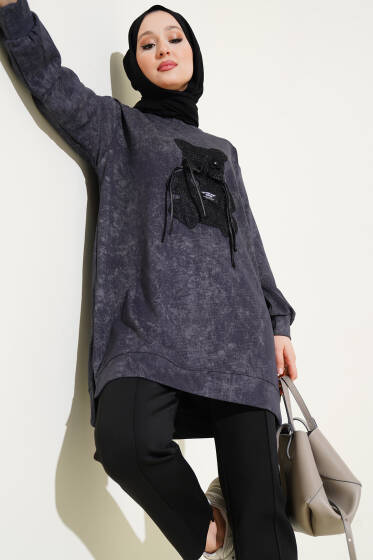 Loyşa Ayıcıklı Desenli Batik Tunik Füme - Tunik